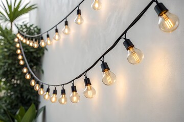 Warm glowing outdoor string lights with vintage Edison bulbs hang against a bright textured wall near greenery