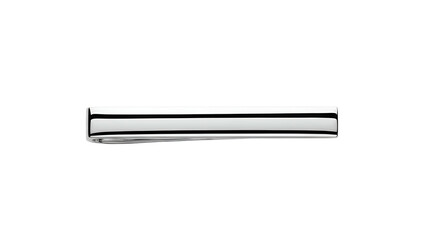 A highly reflective, silver-colored tie bar with a clean, minimalist design against black