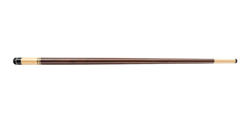 Snooker cue with rich dark wood grain and elegant gold accents on a white background