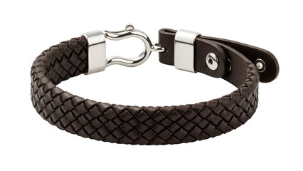 Brown braided leather bracelet with a silver clasp and leather strap, isolated
