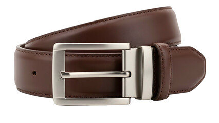 Close-up of a brown leather belt with a silver-colored rectangular buckle