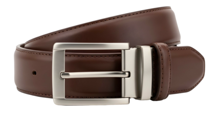 Close-up of a brown leather belt with a silver-colored rectangular buckle