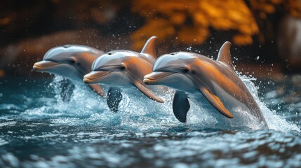 Three dolphins execute a synchronized dive, showcasing agility and grace as they move through the ocean. Sunlight reflects off their sleek, white and gray skin.