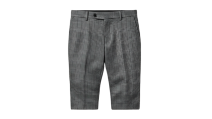 Close-up of tailored gray men's dress pants with vertical pinstripes, isolated on black