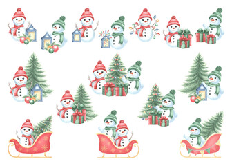 Set of winter holiday watercolor clipart with snowmen, Christmas tree, garland and gift boxes. Hand drawn festive illustrations isolated. Cute kids cheerful characters for postcard designs, sticker.