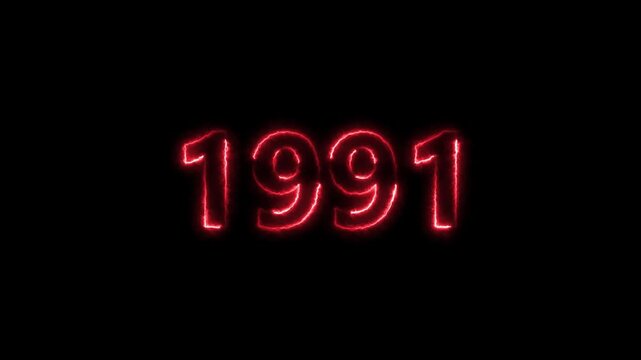 1991 Sal neon bright number red color animation. Clock icon 1991-year beautiful neon text concept on black background.
