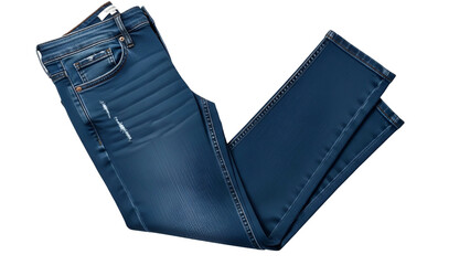 Dark blue denim jeans folded on a transparent background, showcasing details and texture