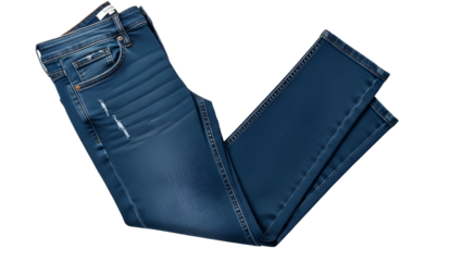 Dark blue denim jeans folded on a transparent background, showcasing details and texture