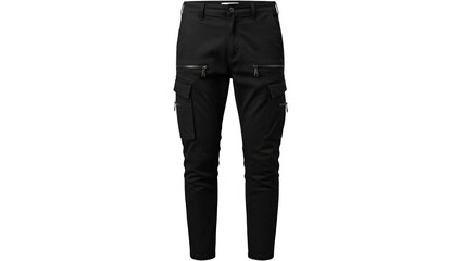 Front view of black cargo pants with several pockets and zippers, isolated on black