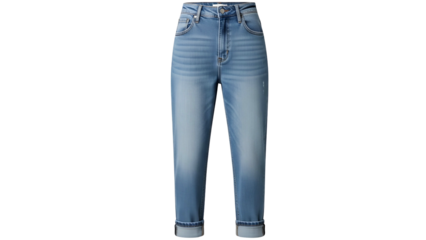 Light-wash denim jeans isolated on a black background. Cuffed hem, front view