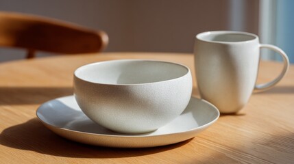A beautifully crafted ceramic tableware set showcases a bowl and mug on a natural wood table. Light pours in, casting gentle shadows, Cloud Dancer Color of the Year