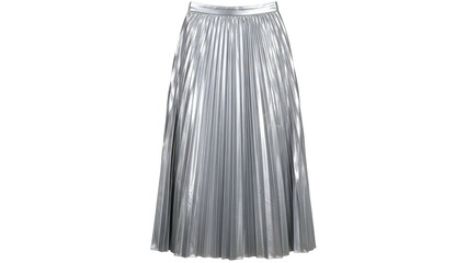 A metallic silver pleated skirt, reflecting light. It falls to the ankles