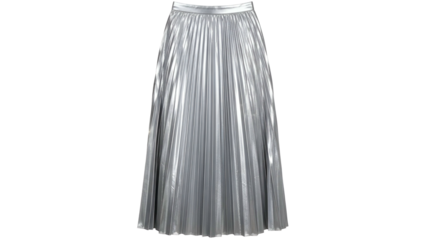 A metallic silver pleated skirt, reflecting light. It falls to the ankles