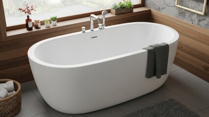 Modern oval freestanding bathtub with wood accents and natural light