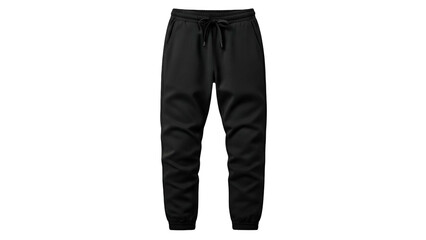Black joggers with drawstring waistband and elastic cuffs, isolated on a black background