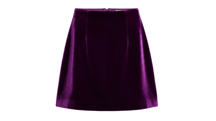 Glossy, smooth, deep purple skirt with slight A-line shape. Front zipper detail