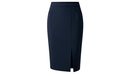 Front view of a dark blue, tailored knee-length pencil skirt, isolated on black