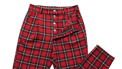 Red plaid trousers with silver buttons, partially unbuttoned, angled on white backdrop
