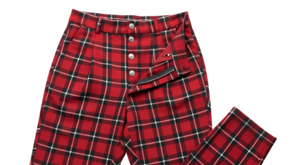 Red plaid trousers with silver buttons, partially unbuttoned, angled on white backdrop