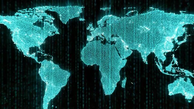 Futuristic Digital World Map with Binary Flow
