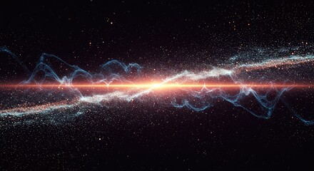 Abstract quantum physics background showing energy duality. Glowing particles merge with flowing light waves in a deep space setting ,particle ,futuristic ,abstract