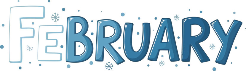 Cute cartoon February text design with icy blue winter theme and snowflakes