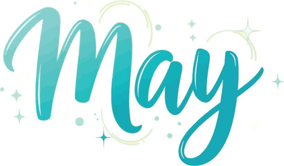 Sparkling turquoise script lettering announces the arrival of the month of May.