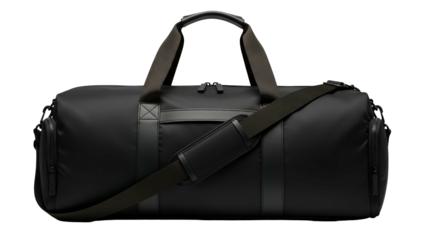 Sleek, matte black duffel bag with leather accents, shoulder strap, and top handles