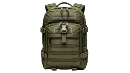 Olive drab tactical backpack with multiple compartments, MOLLE webbing, and adjustable straps