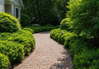 Curved brick walkway bordered by vibrant green foliage, showcasing meticulous landscaping and peaceful, sunny outdoor design ,nature ,trail ,estate