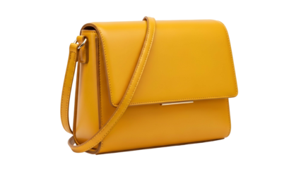 Golden-yellow, rectangular crossbody bag with a flap closure and long strap, isolated