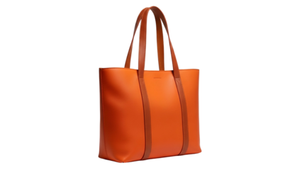 A simple, orange leather tote bag with brown handles and straps, black background
