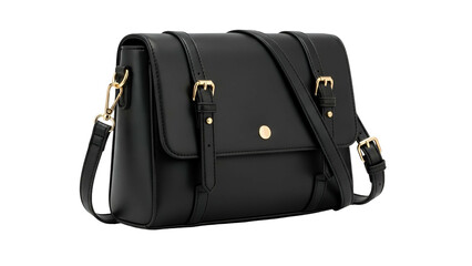Black rectangular satchel bag with gold buckles and hardware, isolated