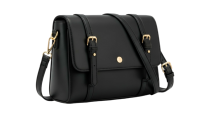 Black rectangular satchel bag with gold buckles and hardware, isolated