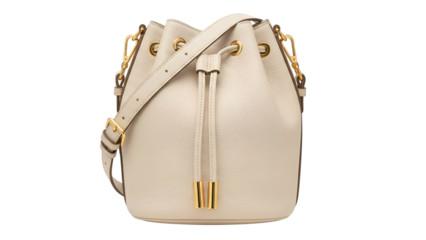 A cream-colored, leather bucket bag with gold hardware and a shoulder strap, isolated
