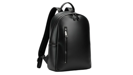 Sleek black backpack with smooth leather-like finish, zipper details, and a top handle