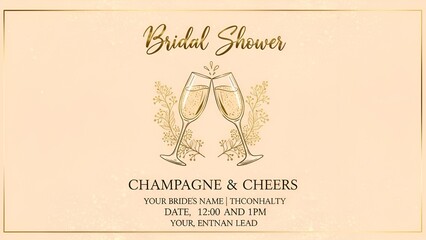Elegant bridal shower invitation with champagne glasses and floral accents on a beige background