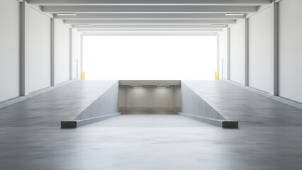 Bright, Empty Underground Parking Garage or Loading Tunnel with Ramps and Exit Light.