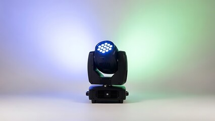 Modern stage lighting fixture with a bright beam in a colorful studio environment