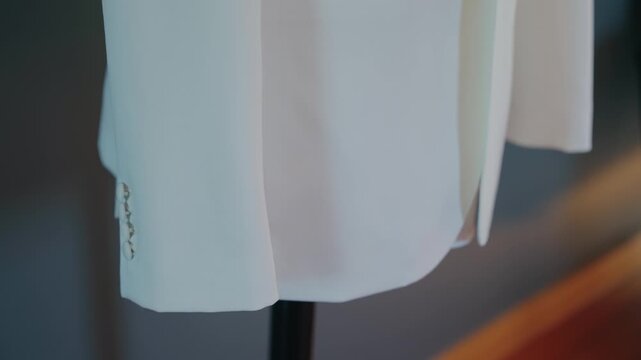 Detail of a white dress hem moving softly in warm natural light