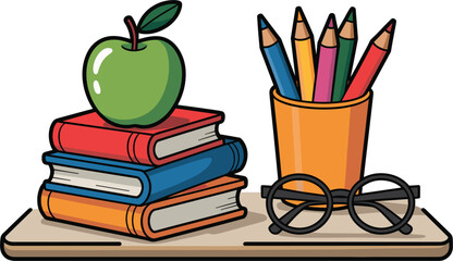 Stack of books with an apple and colored pencils and glasses education