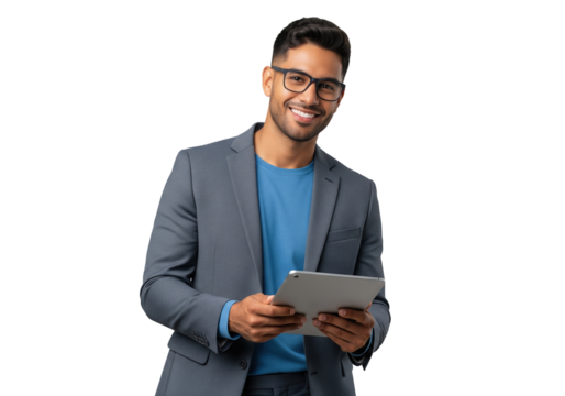 casual hispanic businessman, smiling, holding tablet - Powered by Adobe