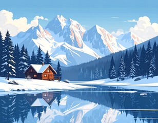 A picturesque winter landscape with a cozy cabin by a lake reflecting snow-capped mountains