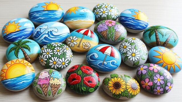 Colorful hand painted easter eggs with nature scenes and flowers - Powered by Adobe