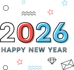 Modern 2026 Happy New Year greeting with colorful outlined numbers and geometric shapes.