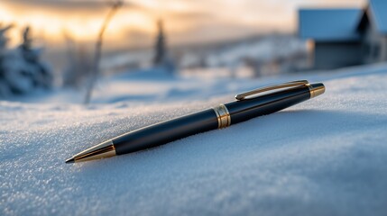 Pen rests on snow in winter landscape with distant house and trees at sunset