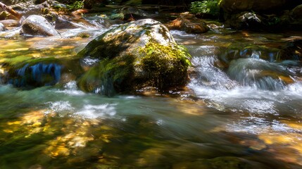 Naklejka premium Forest stream water flowing around a mossy rock, creating whirlpools in sunlight.