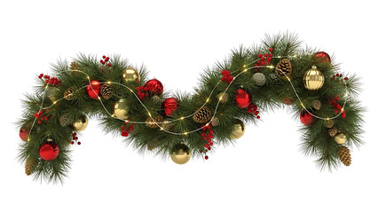 Christmas Garland Decoration with Pine Branches Ornaments and Lights on Black Background