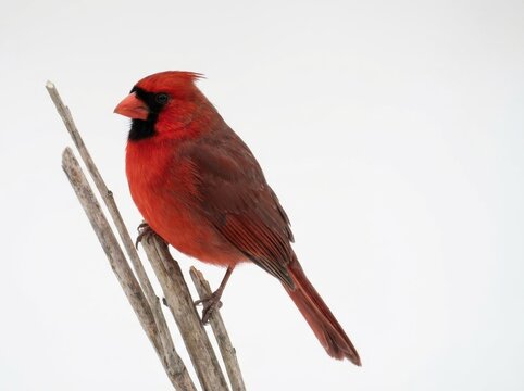 Northern red cardinal perching on a snowy branch in winter wildlife portrait