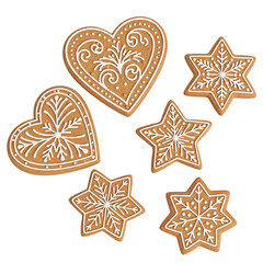 Christmas gingerbread cookies in heart and star shape with white icing decoration